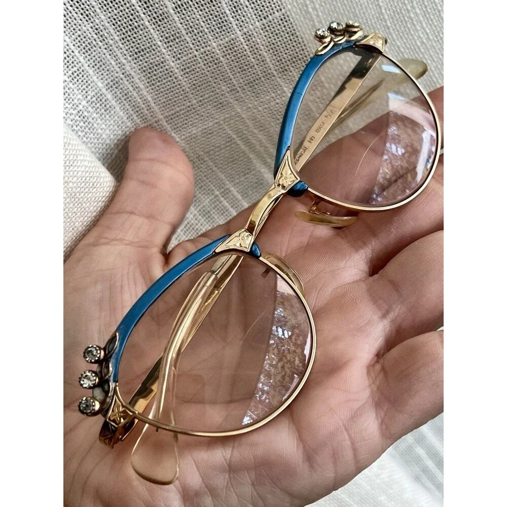 Vintage American Optical 1/10 12KGF Blue Cat Eye Rhinestone Eyeglass Frames